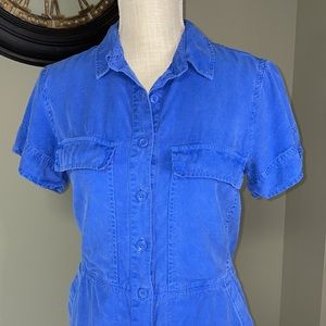 J. Crew size 4 blue shirt sleeve dress with several buttons down the front.